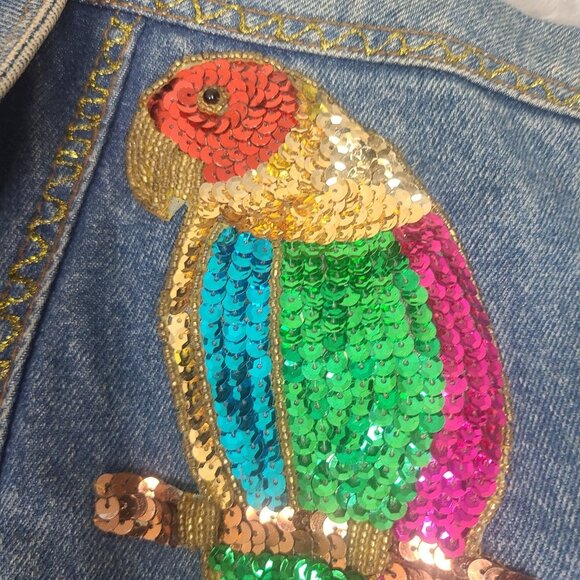 Vintage Jordache Denim Jacket Embellished Sequined Acid Wash Parrot Design Sz L - Picture 2 of 16